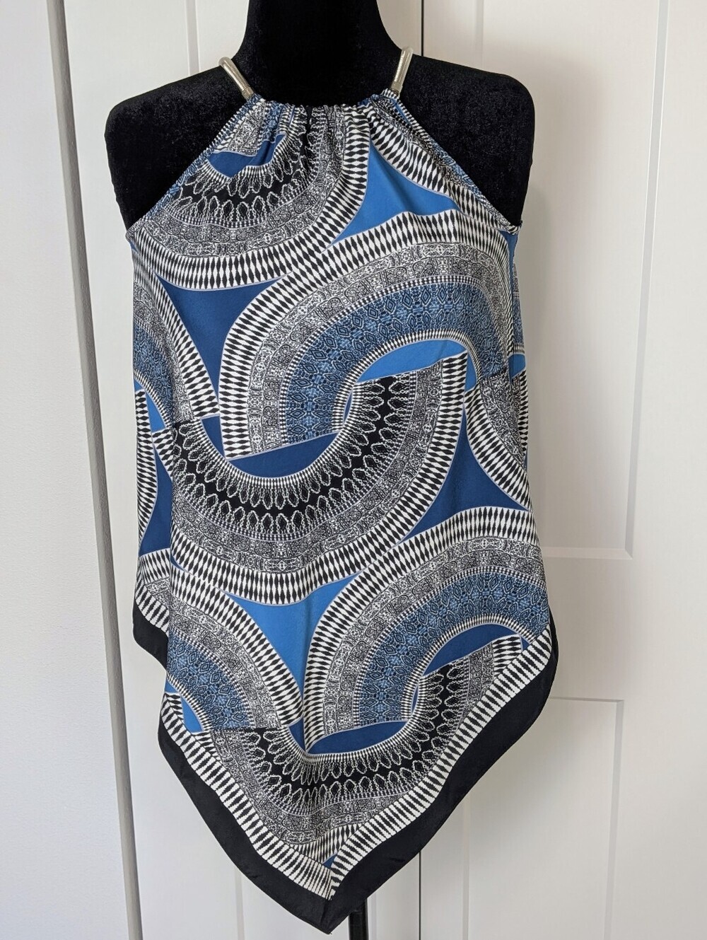 Alfani Women's Bandana Jewelry Halterneck Sleeveless Tank Pointed Top Sz S Blue
